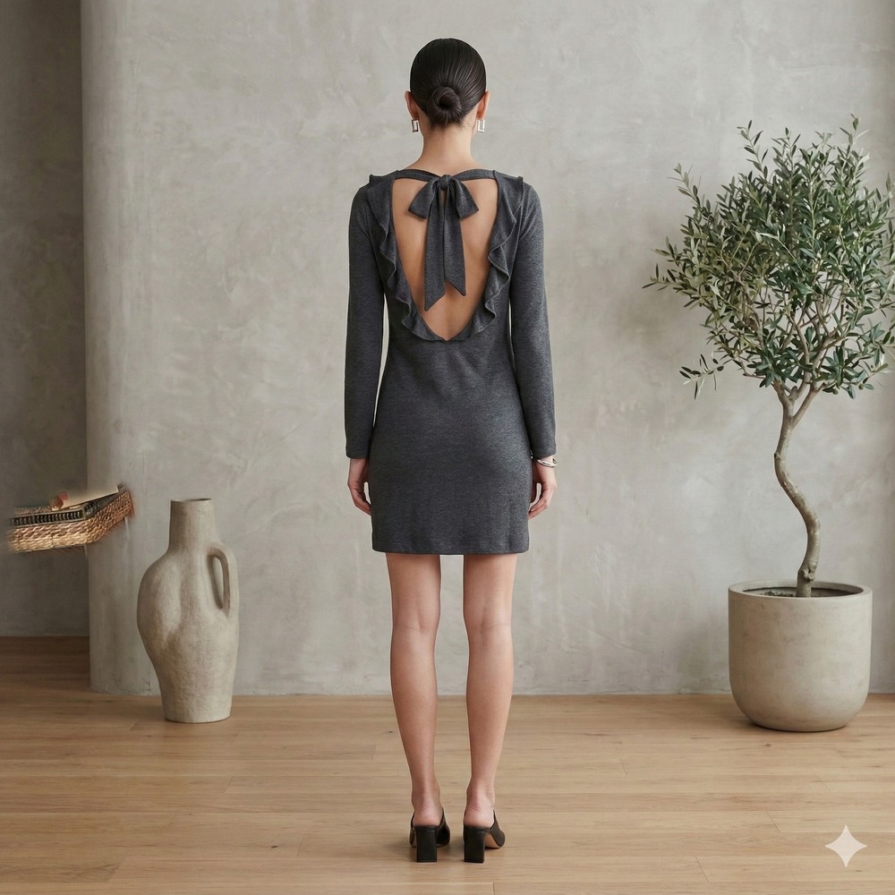IRO Jeans Cassy Mini Dress Open Back Ruffle Small Charcoal Grey LS NWT $209 - Picture 5 of 8